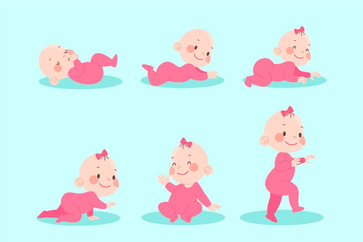 Cute baby illustrations showcasing growth and curiosity, focus on baby milk measurement