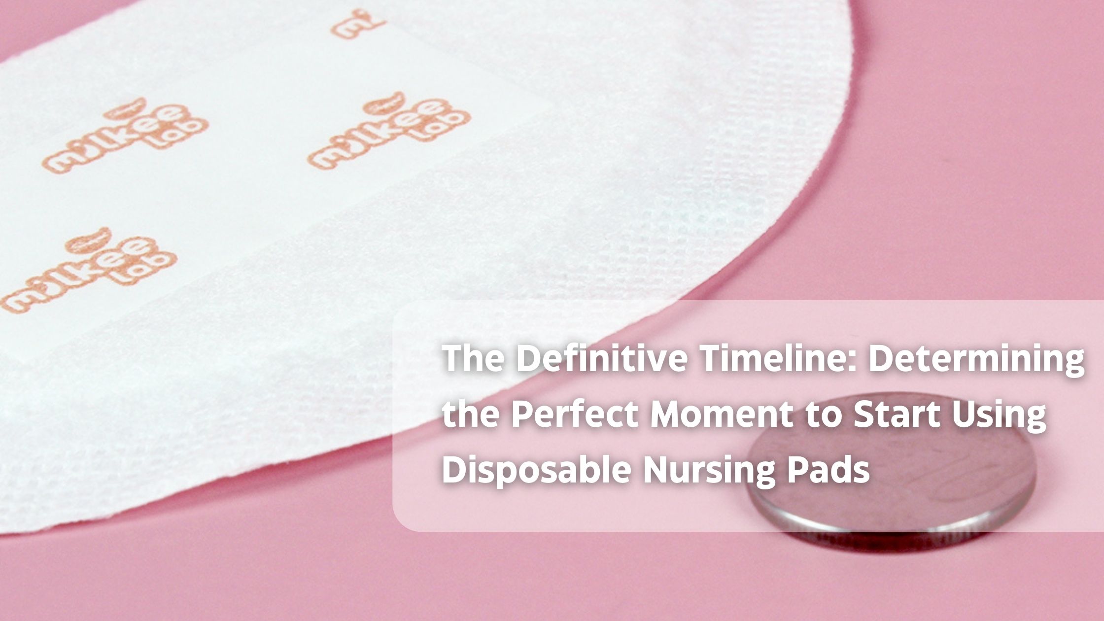 Disposable nursing pad on pink surface with leaf logo and coin for size reference.