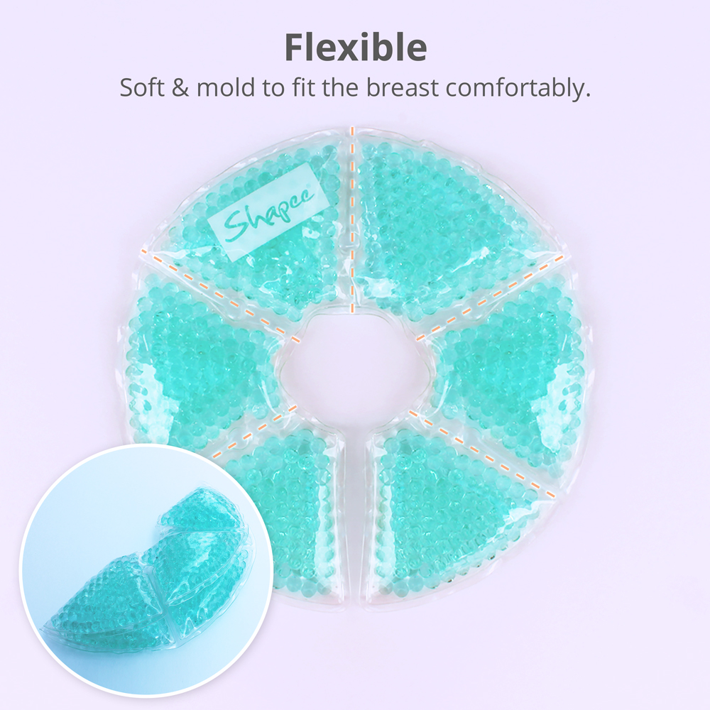 Breast-shaped ice pack with blue gel beads and flexible design on lavender background