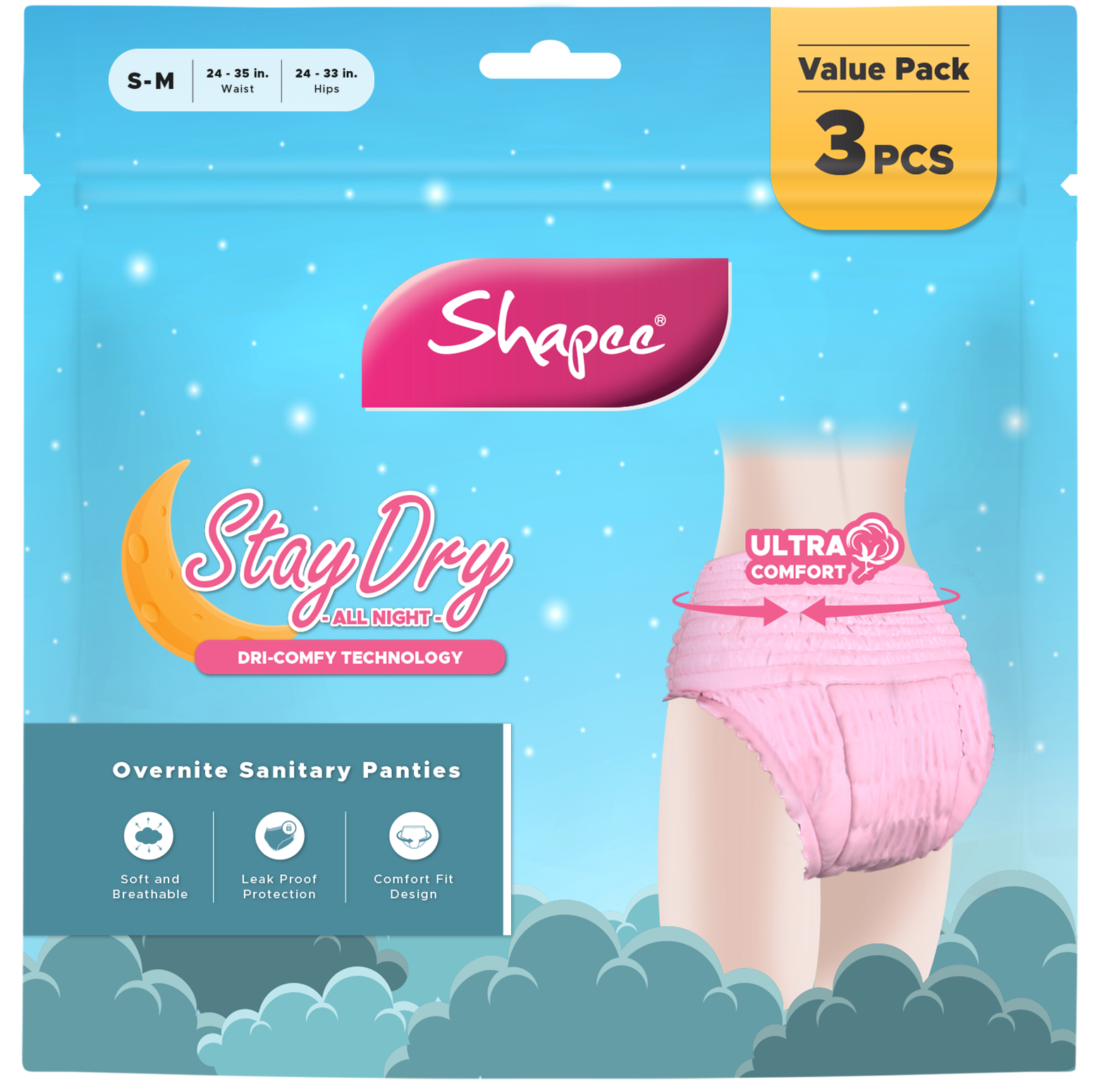 Overnight sanitary panties with StayDry, Ultra Comfort, leak-proof protection.