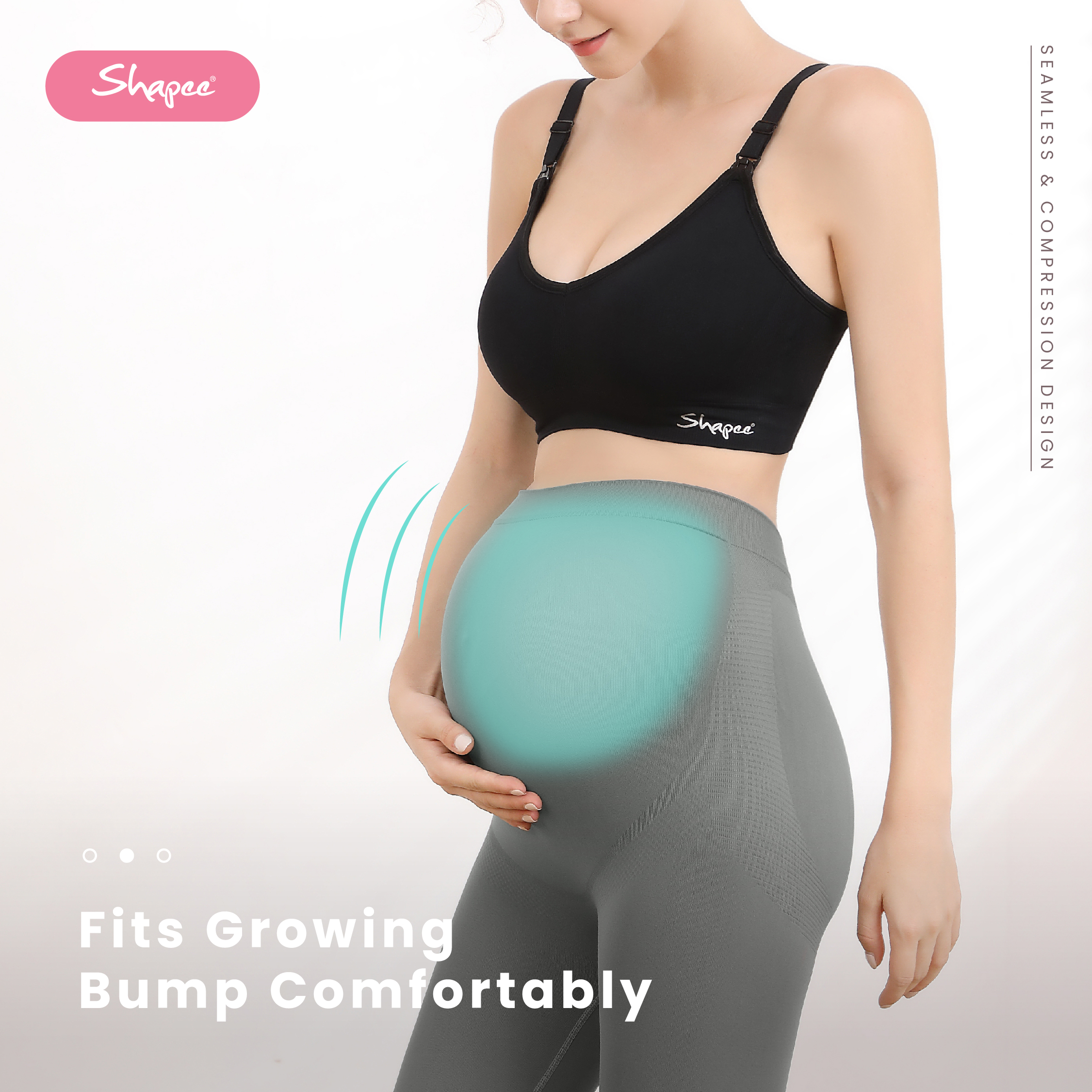 Woman in Shapee black sports bra and grey maternity leggings with stretchy design