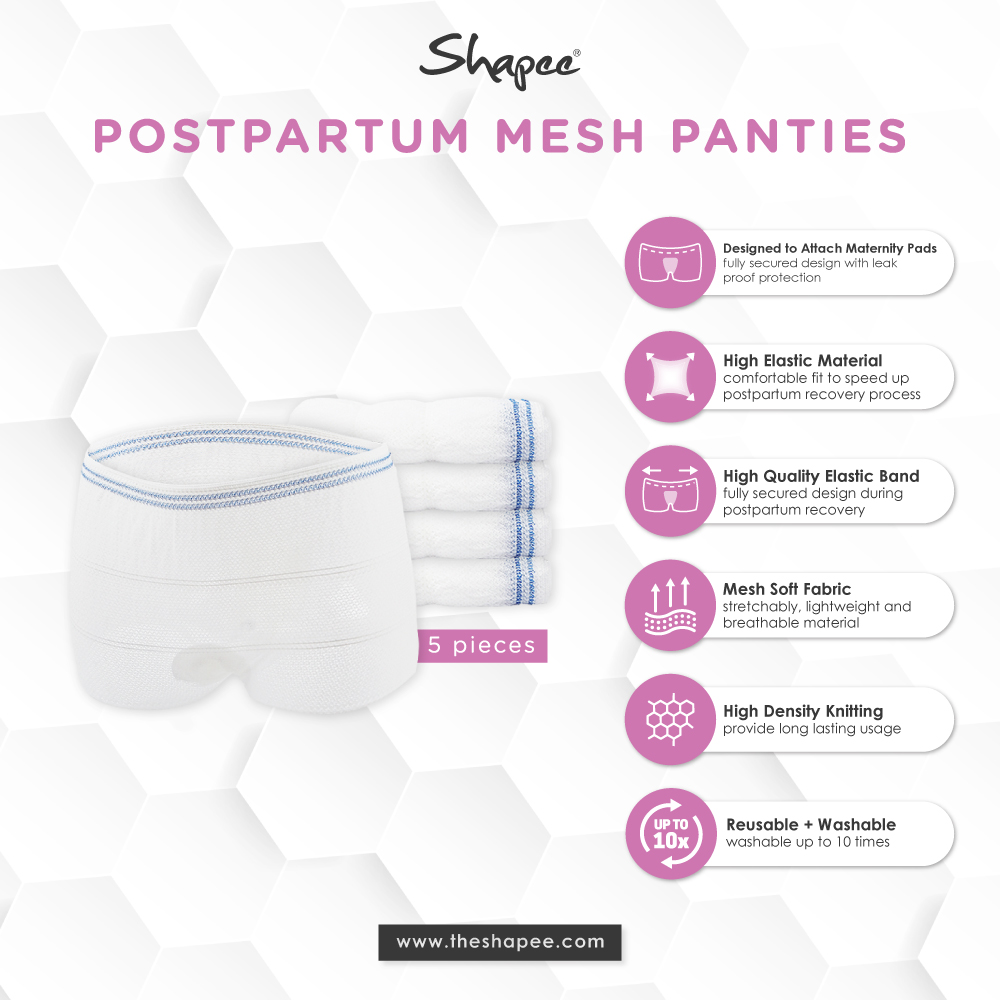 Shapee postpartum mesh panties ad featuring mesh fabric and leak-proof design