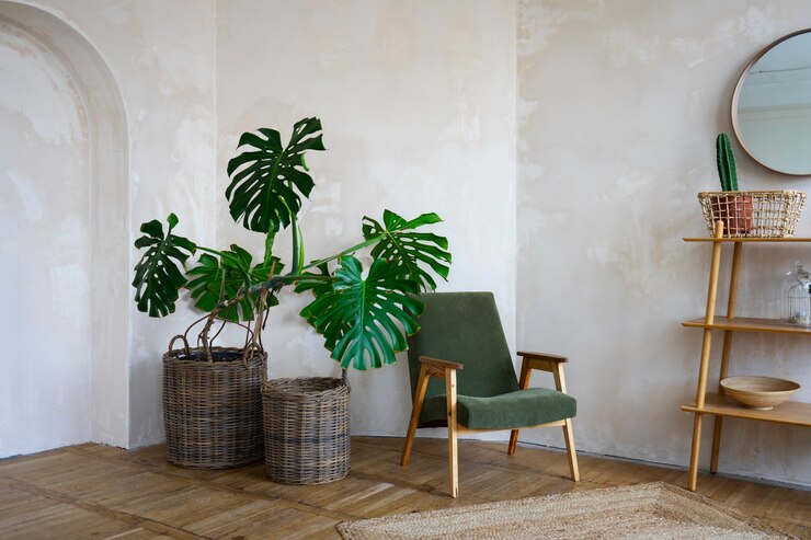 modern minimalist living room with plants, green chair; lifestyle changes focus