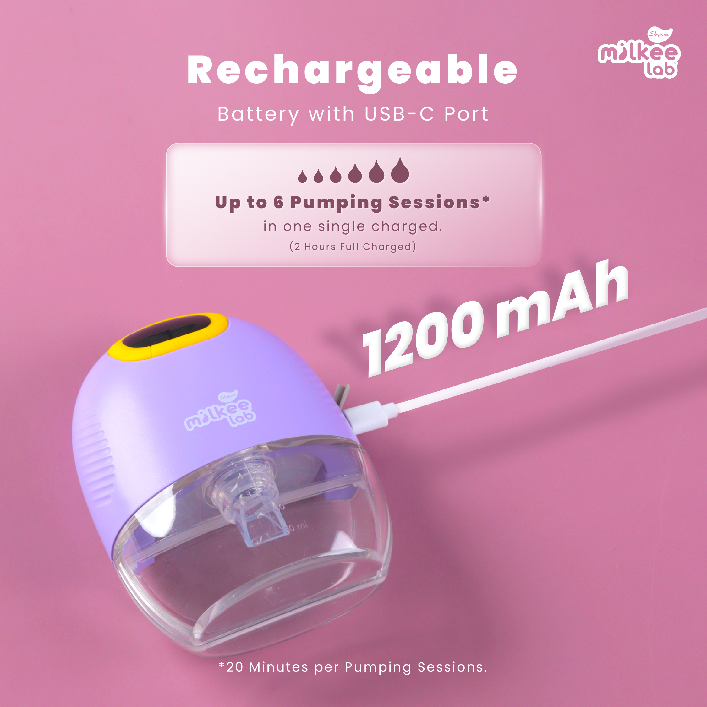 Purple and yellow rechargeable battery with USB-C for hands-free breast pump use.