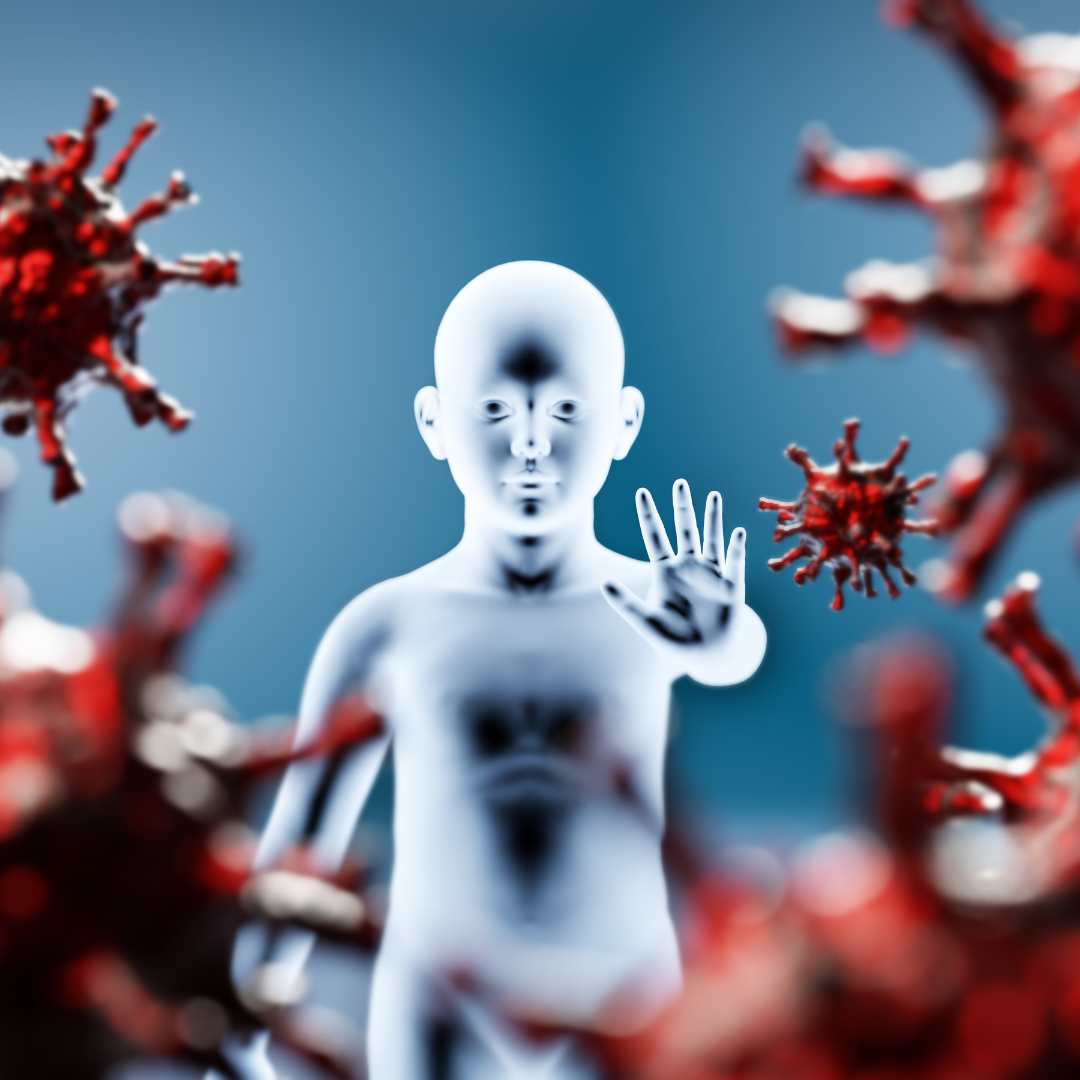 Humanoid robot halting COVID-19, vibrant red virus particles, technology's role
