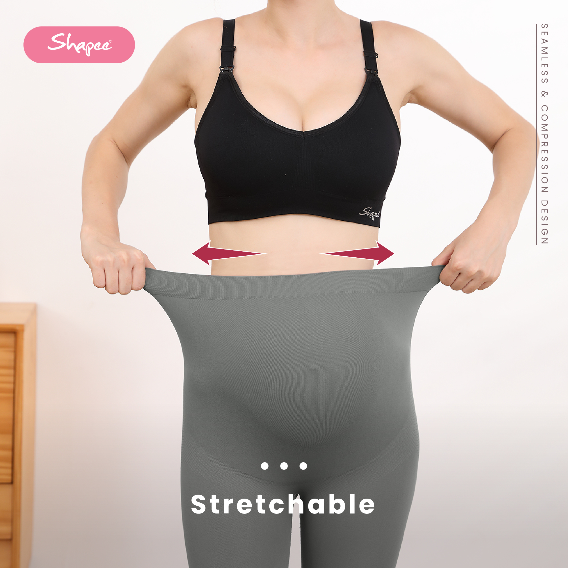 Shapée maternity leggings highlighting stretchability with red arrows and "Stretchable" text.