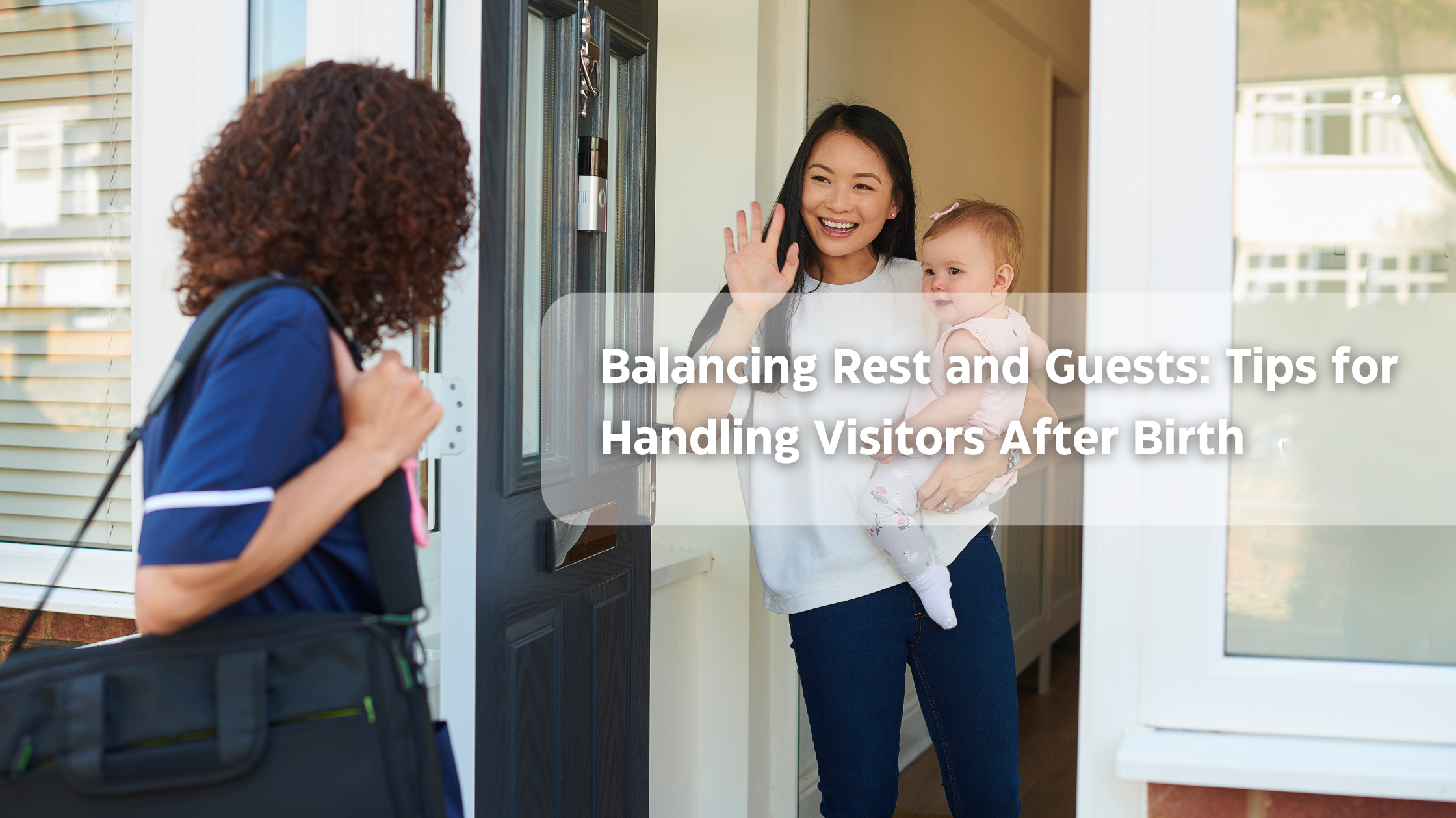 Healthcare professional visiting woman with baby, in-home care setting, wireless earbuds.