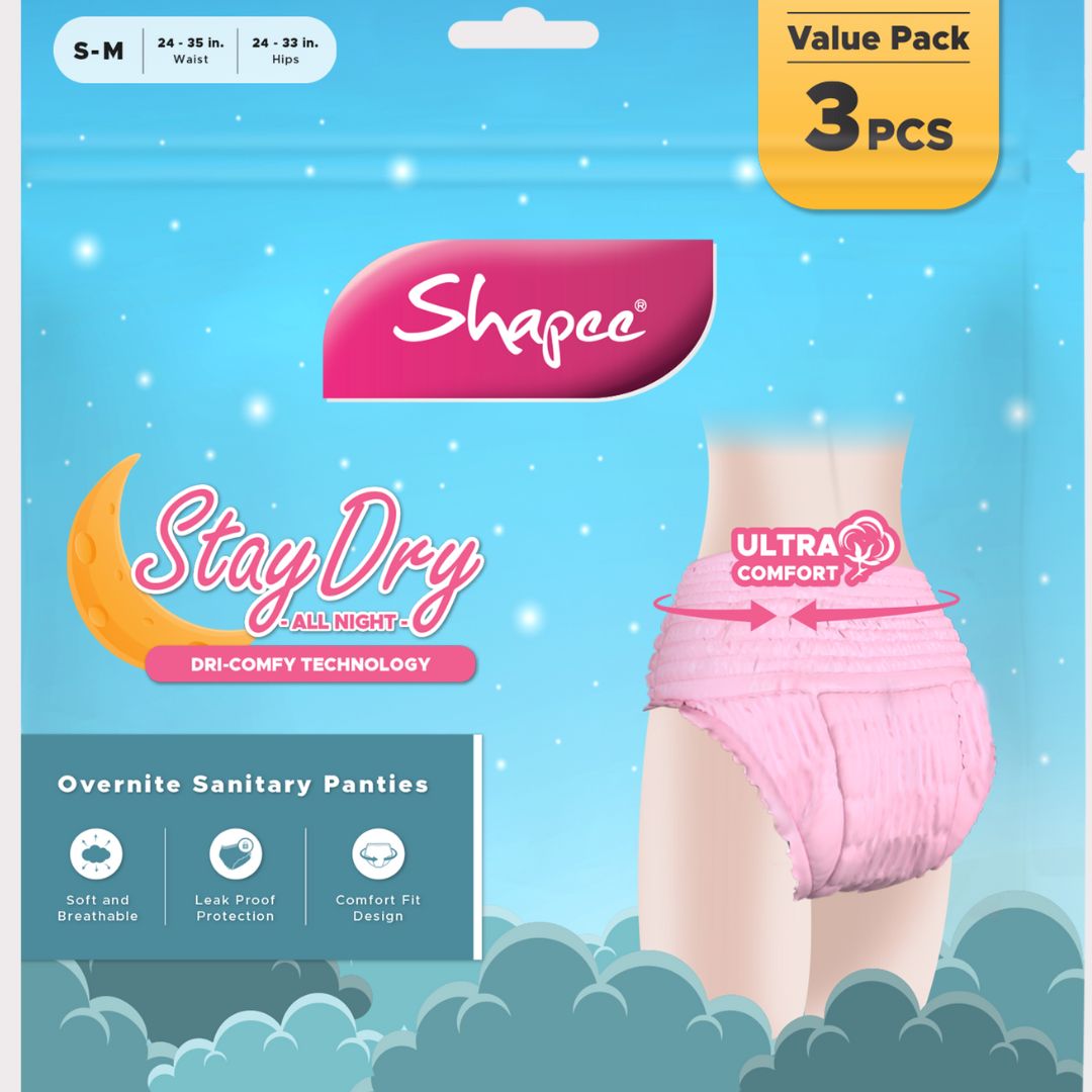 Overnight sanitary panties ad with night theme, dry-comfy tech, value pack 3 pcs.