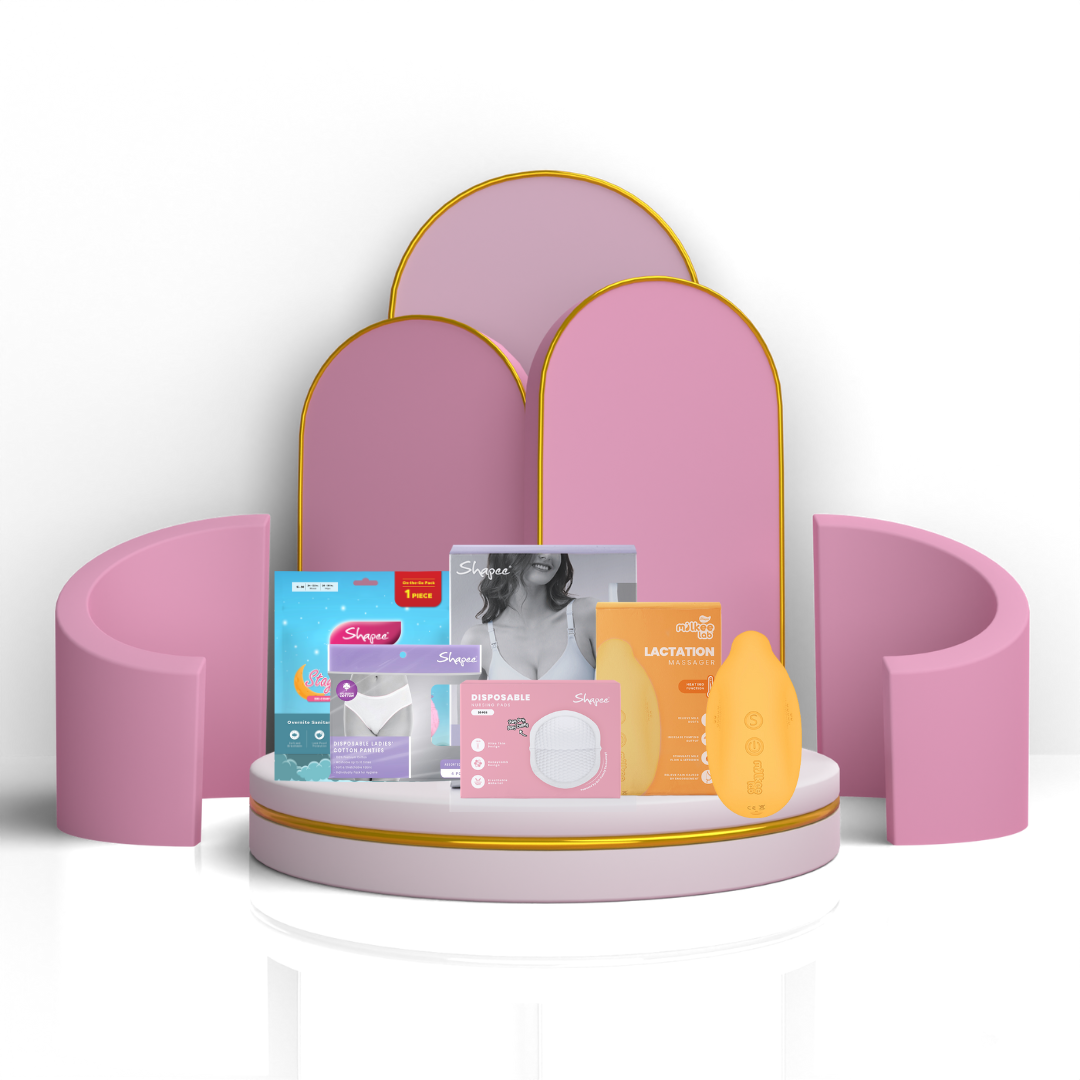 Breast pump, nursing pillow, and storage bag on pink and gold Healthcare Gear display