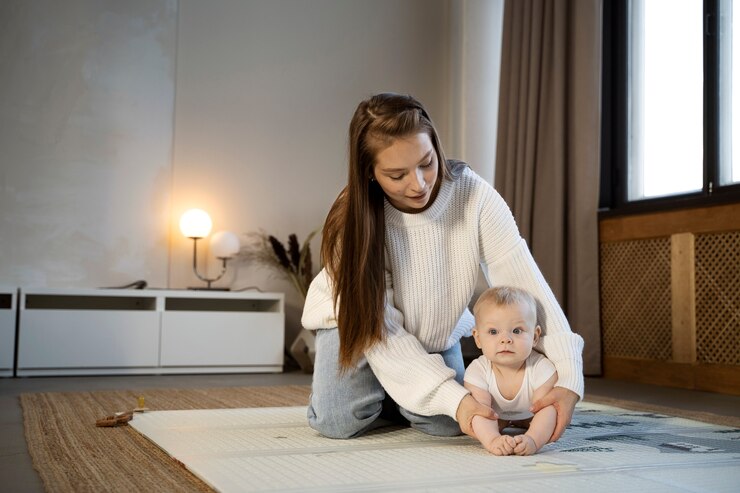 Woman and baby bonding in cozy home, highlighting Tummy Time Fitness Program.