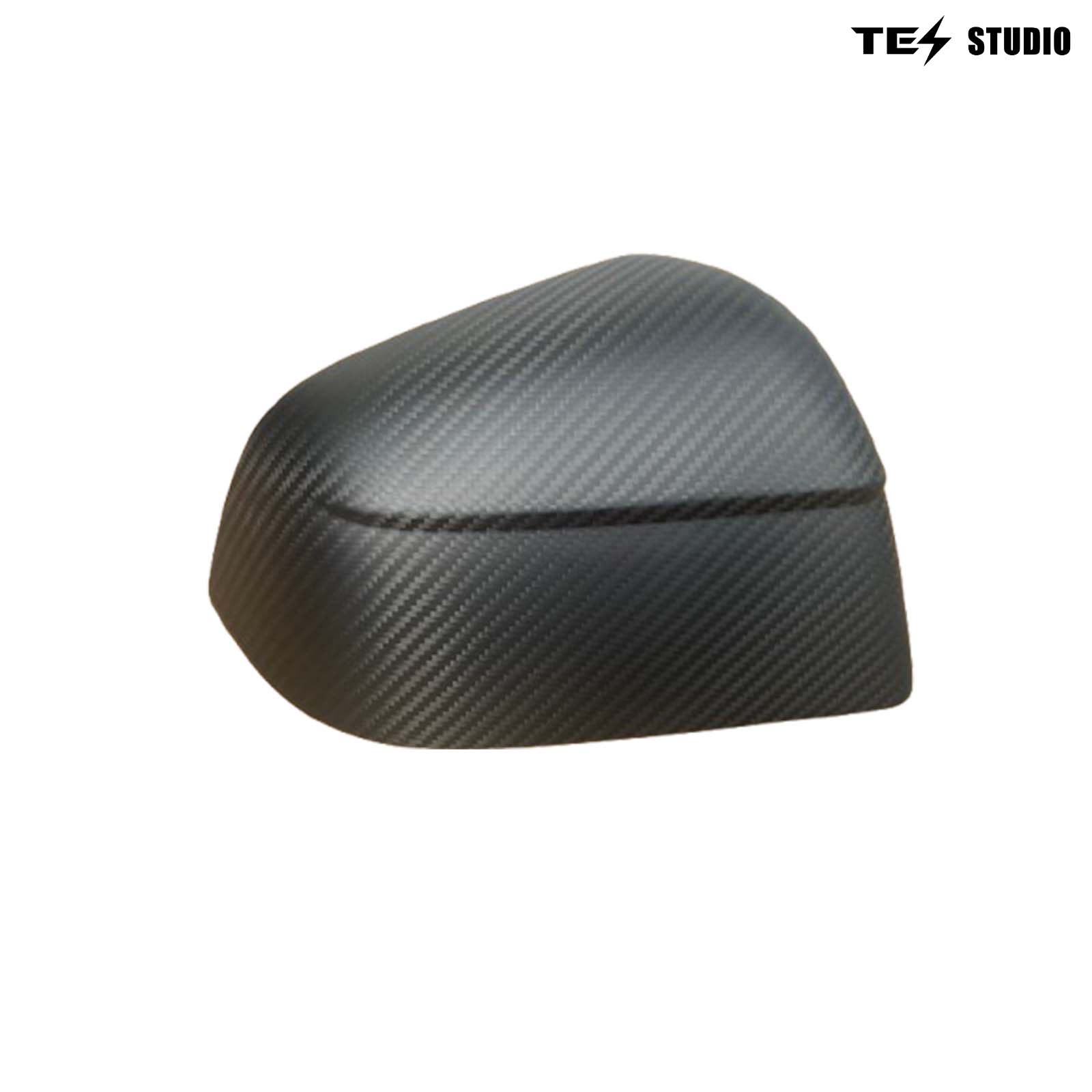 Carbon Fiber Mirror Caps with matte finish, by TES Studio, sleek and glare-free