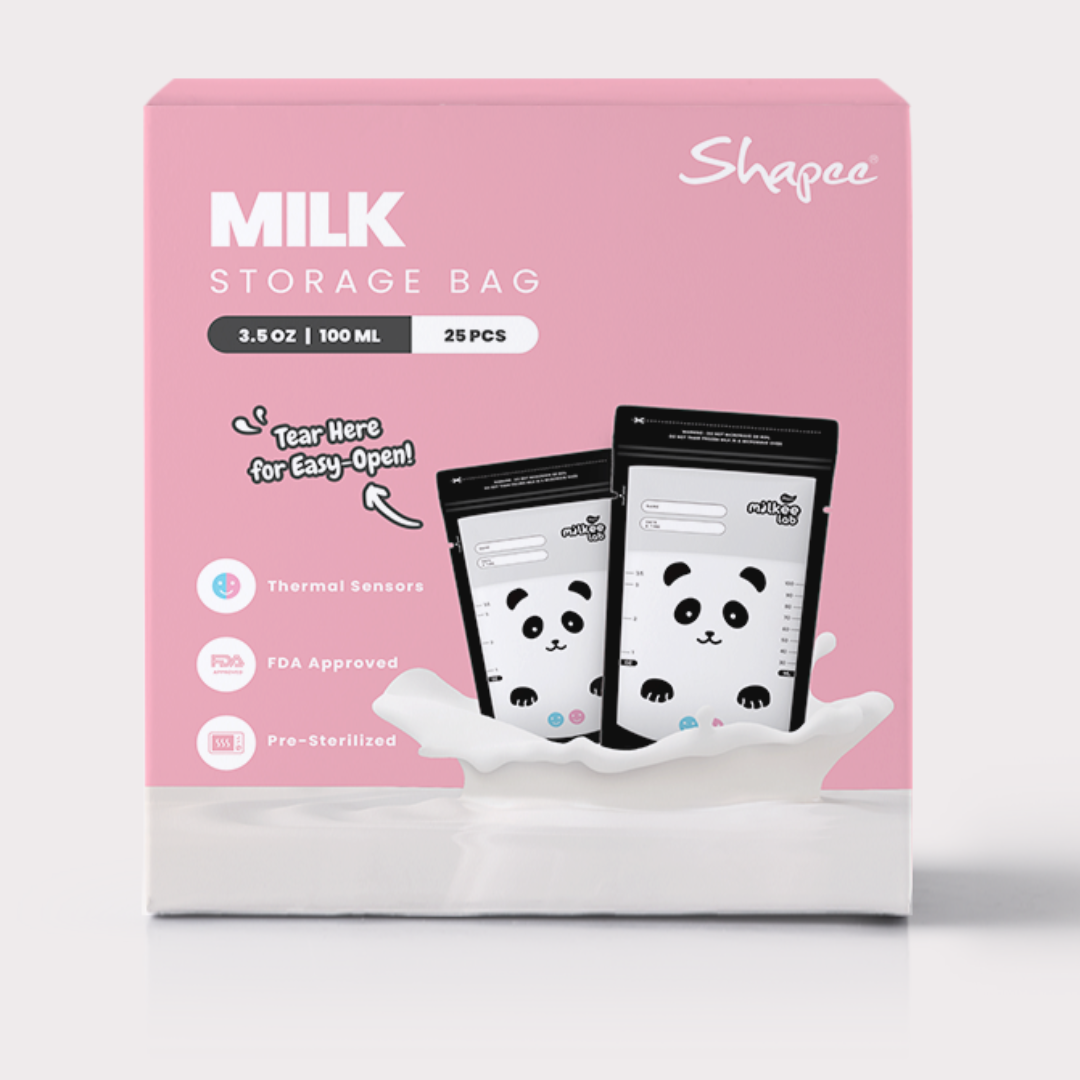 Milk storage bag packaging in pink with panda design, featuring Shapee branding.