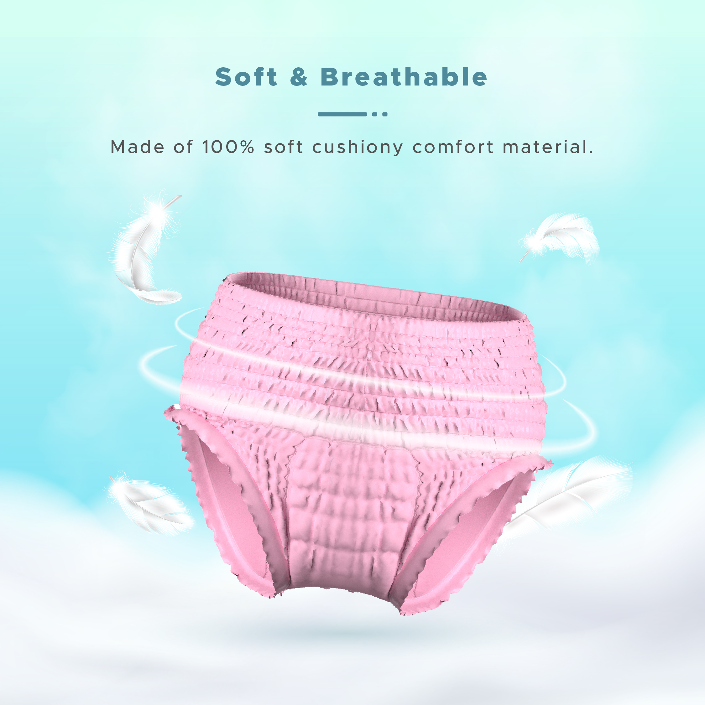 Pink overnight sanitary panties with soft, breathable, cushiony comfort material.