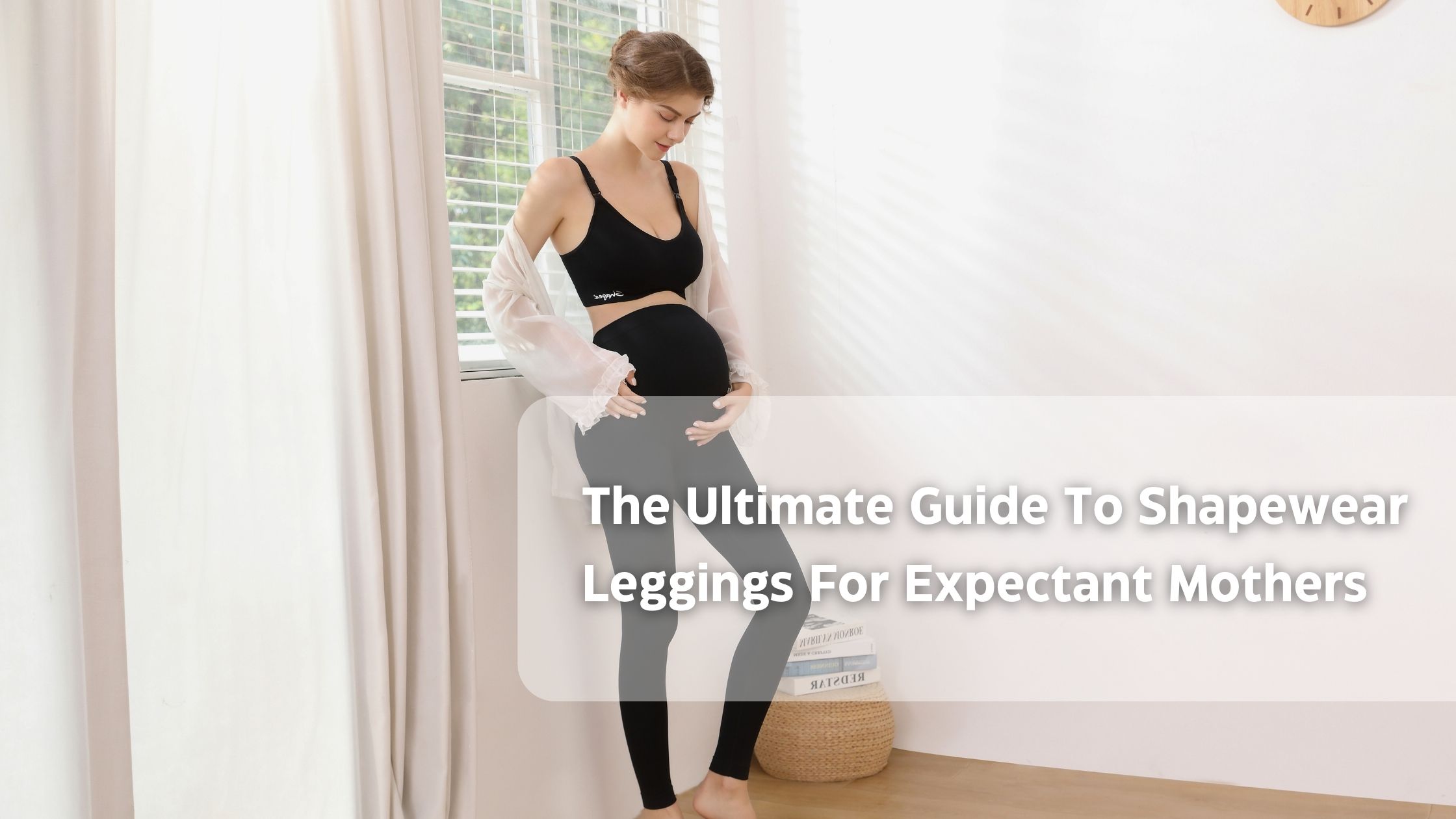 Pregnant woman in black leggings and bra, maternity shapewear guide text overlay