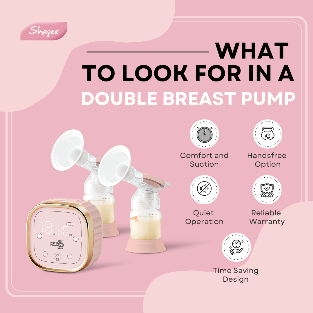 Double Electric Breast Pumps ad with digital display and pink-white design.