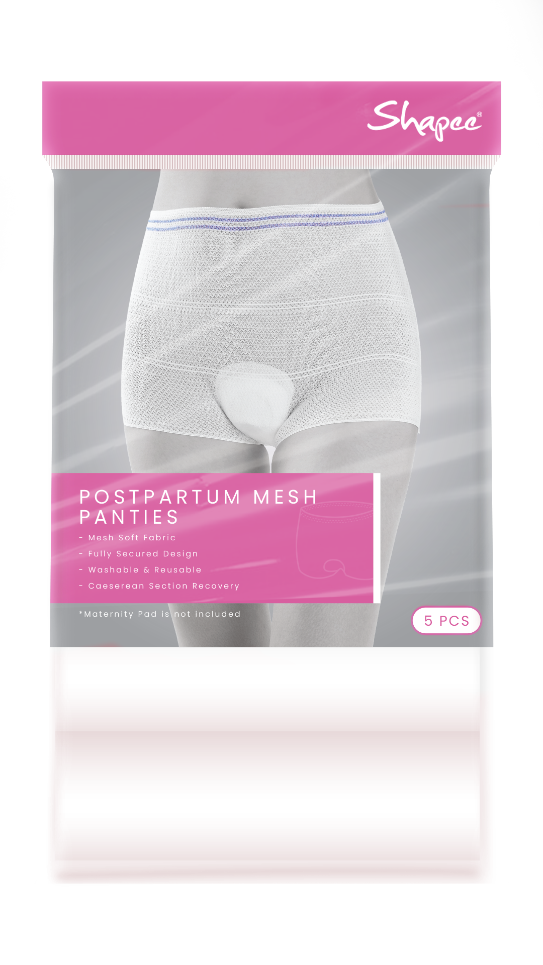 Packaging for postpartum mesh panties in pink, highlights comfort and support.