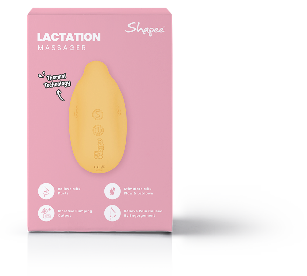 Pink packaging with yellow lactation massager, smartphone-sized, CE certified.