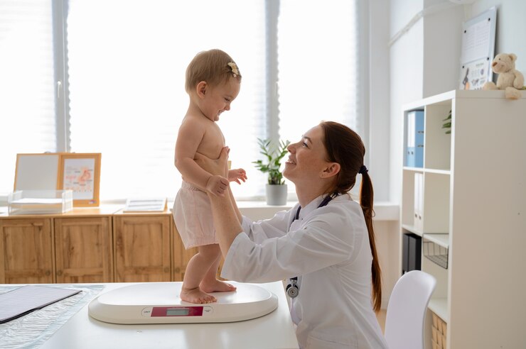 Child on scale with doctor in pediatrician's office; focus on baby milk measurement