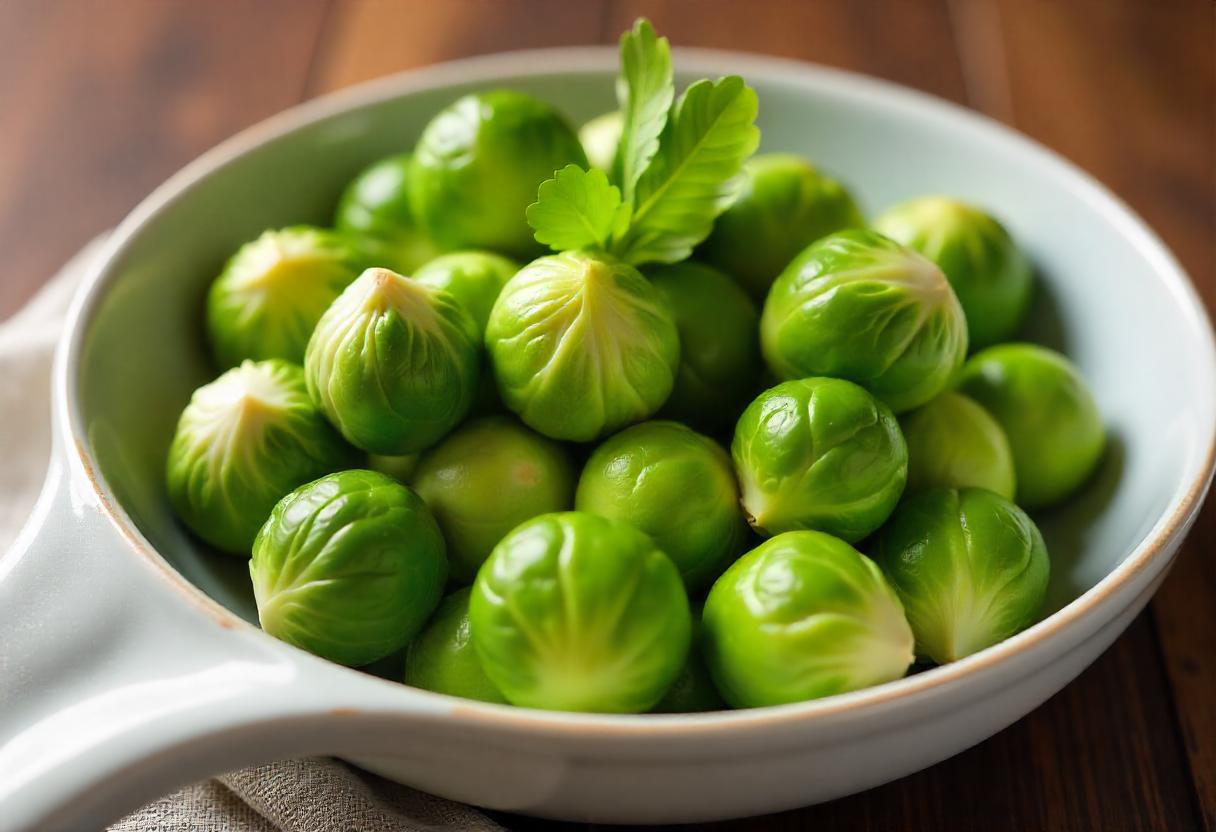 White ceramic bowl of fresh Brussels sprouts and parsley for pregnancy nutrition