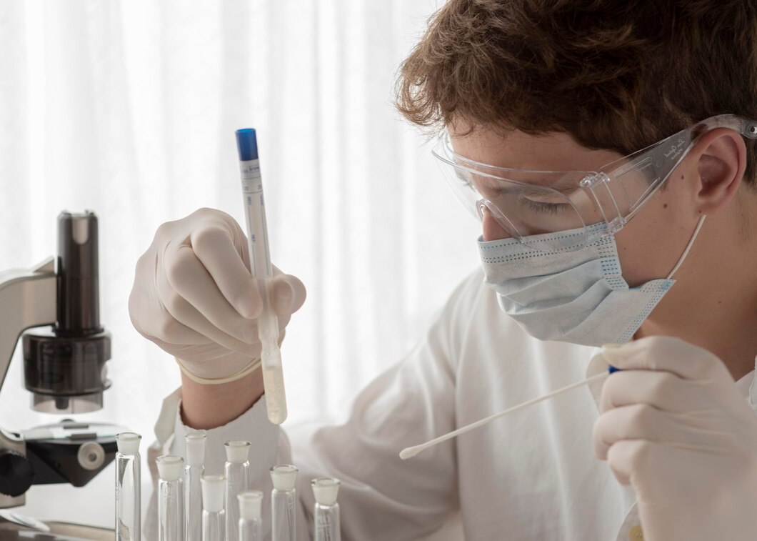 Scientist in lab analyzing pregnancy trends with test tube and pipette.